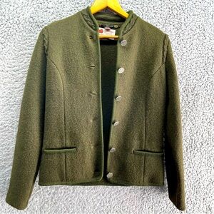 Vtg Fritz Litzlfelder Olive Green 100% Wool Women’s Jacket Sz 8 Braided Back
